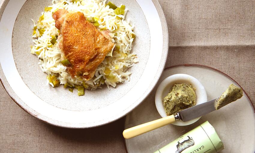 roast chicken, fragrant rice and tender leeks cooked