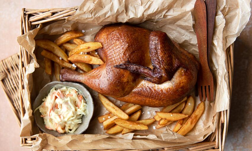 half roast chicken with chips, coleslaw and homemade mayonnaise cooked