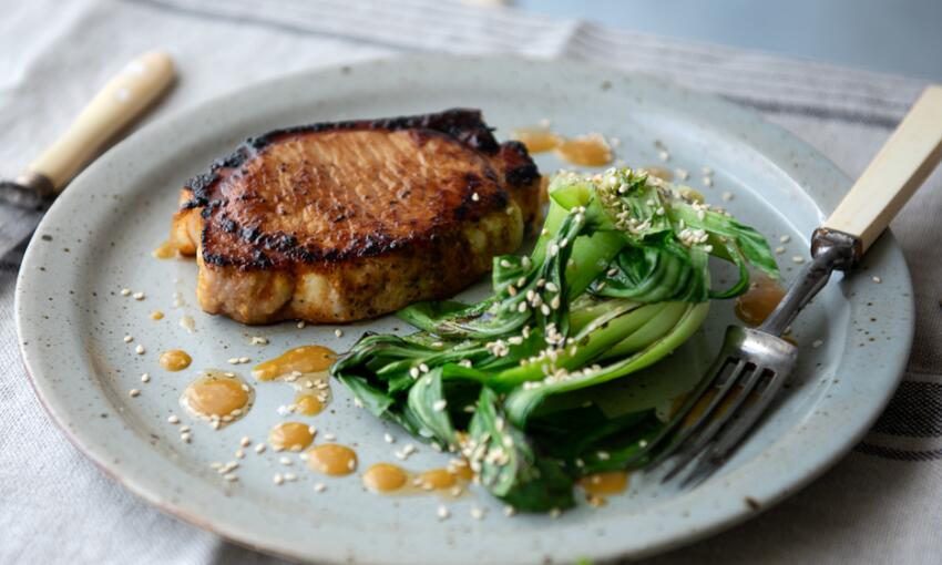 honey and miso glazed pork steaks with ginger pak choi cooked