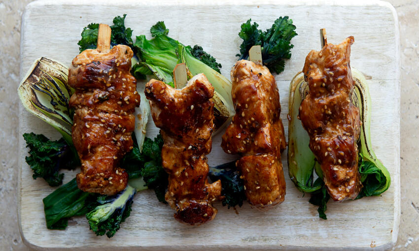 black bean & hoisin glazed pork skewers cooked 