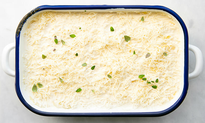 celeriac, potato & swiss cheese gratin cooked