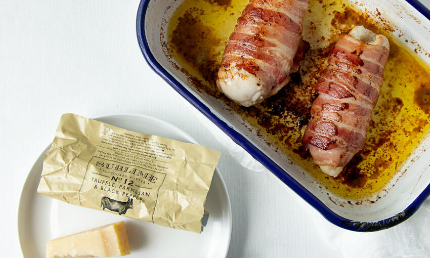 chicken breast wrapped in pancetta stuffed with truffle, parmesan & black pepper butter cooked