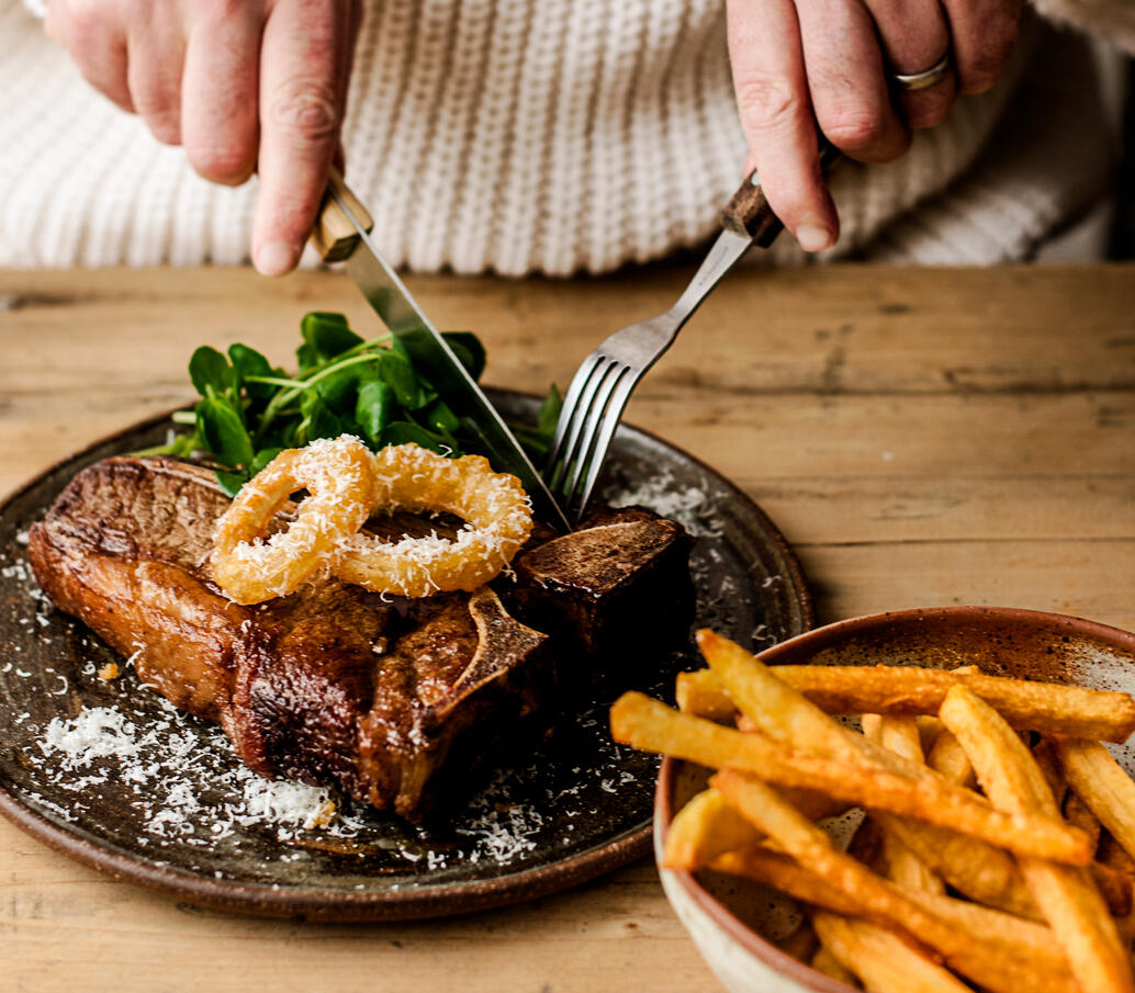 T Bone Steak with Homemade Chips & Onion Rings Recipe by Farmison & Co