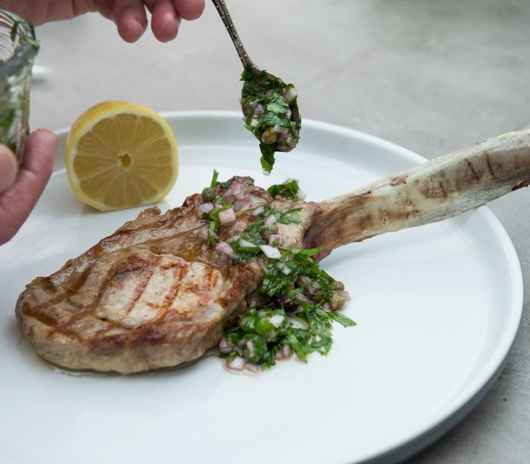 How to Cook Pork Rib Eye Steak with Parsley and Caper Dressing