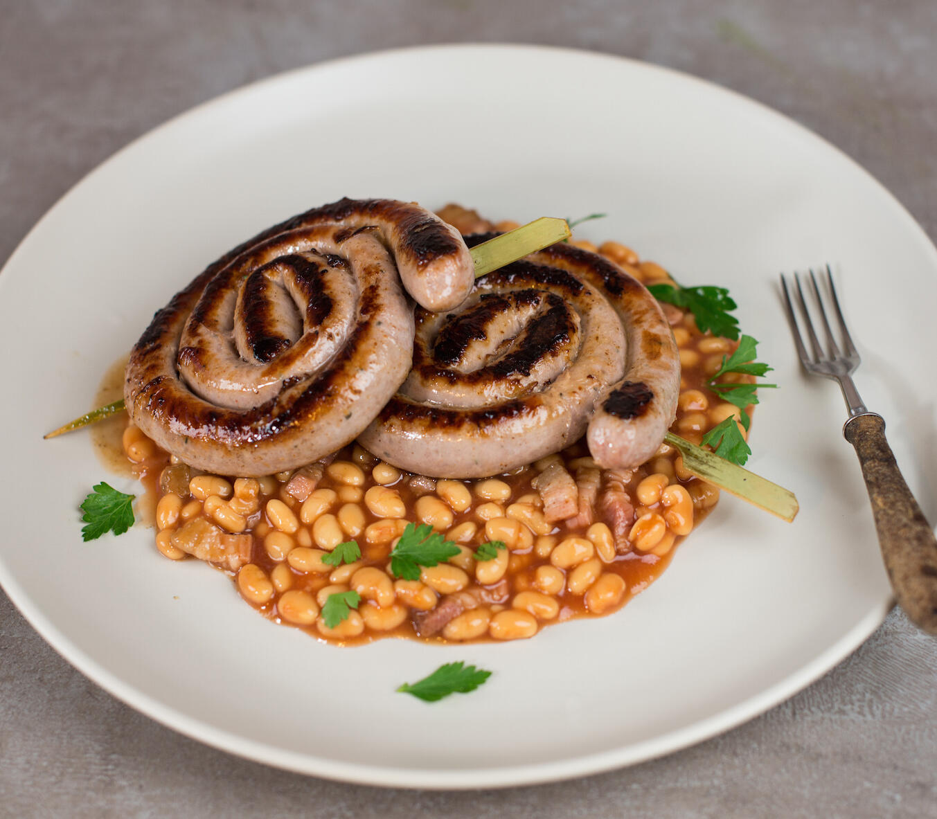Cumberland Swirls & Smoky Homemade Baked Beans Recipe Online. Heritage Breed Cumberland Sausages and