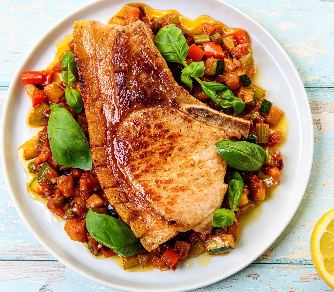 Pork Chop with Sicilian Style Caponata | Farmison & Co. - Farmison & Co