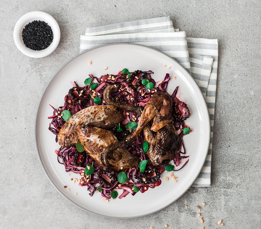 Learn how to make roast grouse salad with red cabbage & blackberries. A delicious home made recipe f