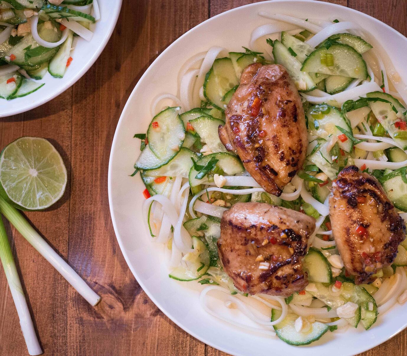 Spicy Chicken Thighs With Cucumber And Cashew Salad Recipe Online. Delicious Chicken Thigh Recipe wi