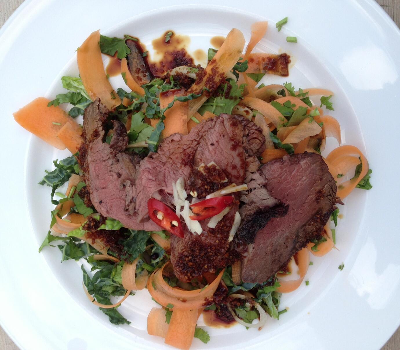 Asian Beef Salad Recipe with Picanha Beef and Coriander, Broccoli, Carrots, Cabbage and Ginger. With