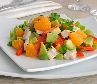 Nidderdale Chicken Breast with Mint and Peach Salad Recipe Online. Summer Salad Made Delicious with 