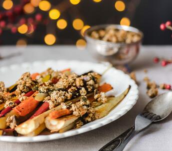 cooked roast carrots and parsnips with curried granola