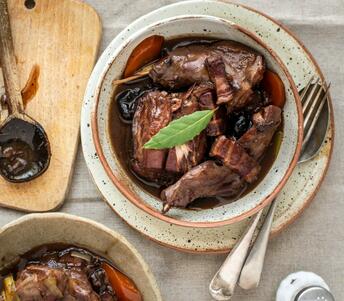 rabbit, red wine and prune casserole cooked