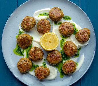 chicken koftas with yoghurt and wild garlic purée cooked