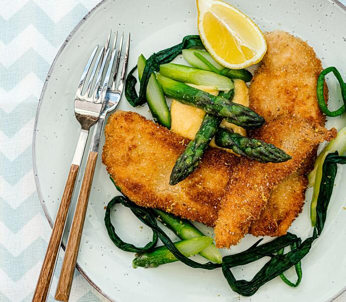 Quick & Zesty Fried Chicken Schnitzel With English Asparagus & Lemon