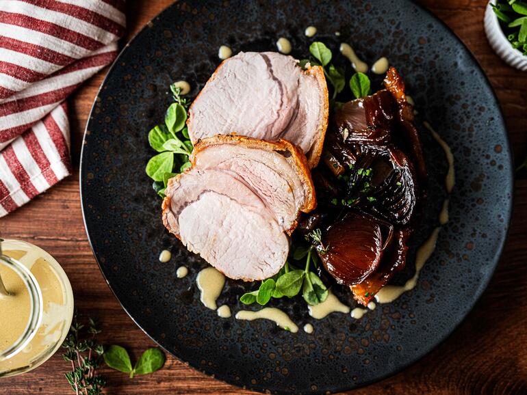 Photograph of How To Cook Roast pork, Onion tarte tatin & Sherry vinaigrette